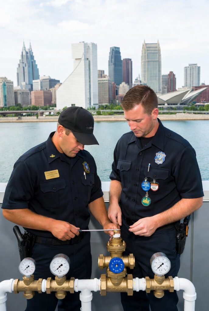 Certified technicians performing backflow testing on commercial water line in Cleveland, Ohio, with the downtown skyline and Cuyahoga River in the background