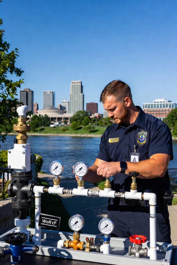 Certified technician performing backflow testing on commercial water line in Cuyahoga Falls, Ohio, with Cuyahoga River and city skyline in background