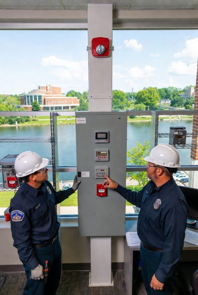Professional fire protection technicians in uniform inspecting and programming a fire alarm control panel in a commercial building in Cuyahoga Falls, Ohio, overlooking the Cuyahoga River